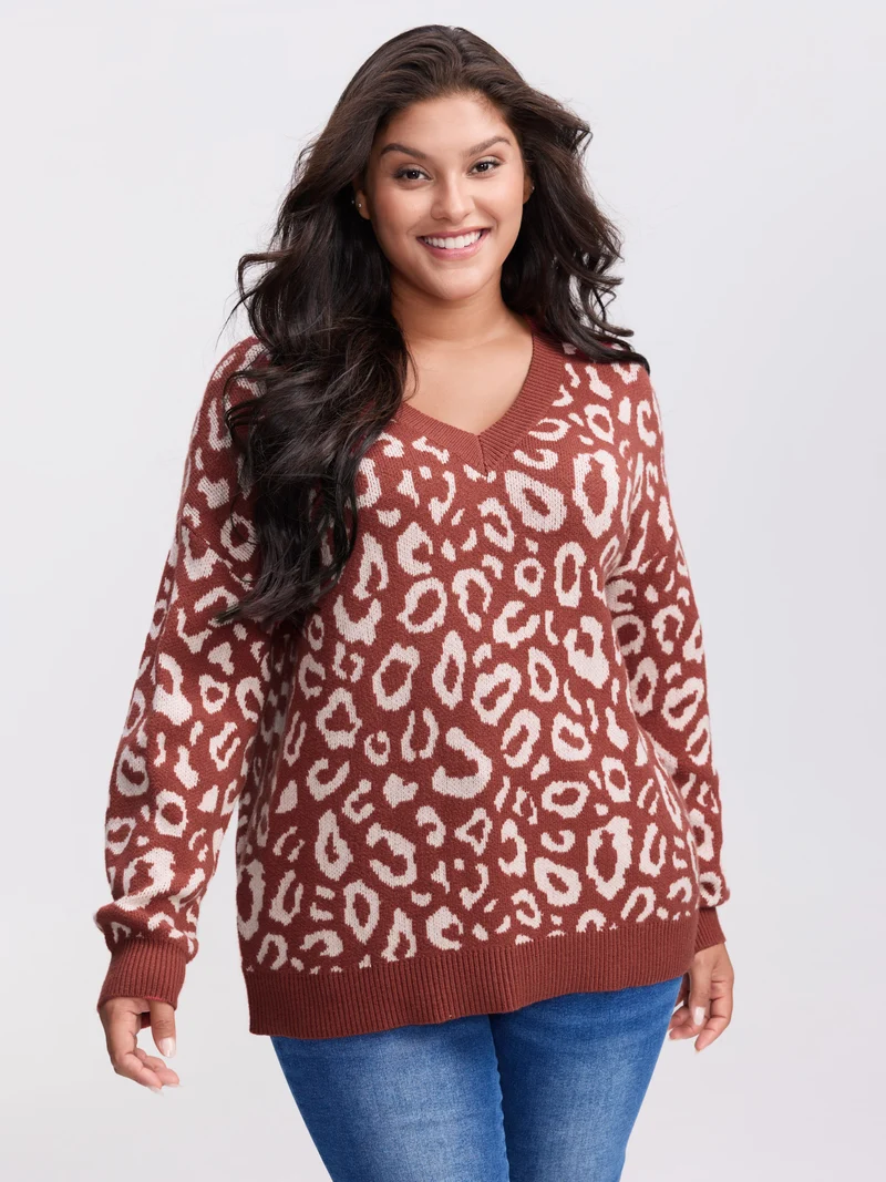Leopard Print V-Neck Contrast Pullover