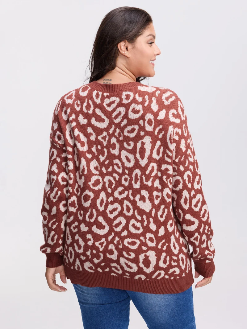 Leopard Print V-Neck Contrast Pullover