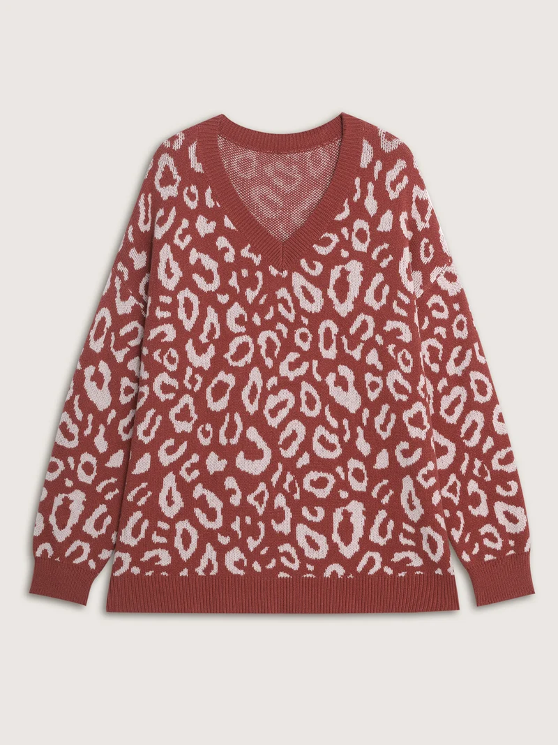 Leopard Print V-Neck Contrast Pullover
