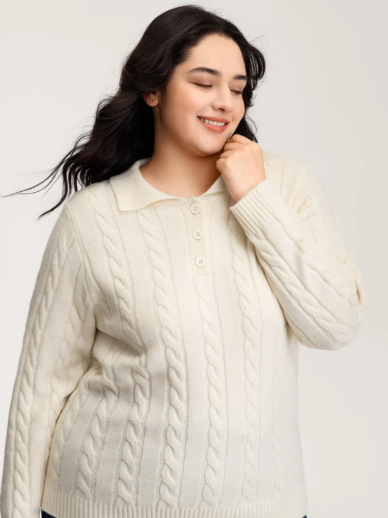 Supersoft Cable Knit Polo Collar Solid Pullover