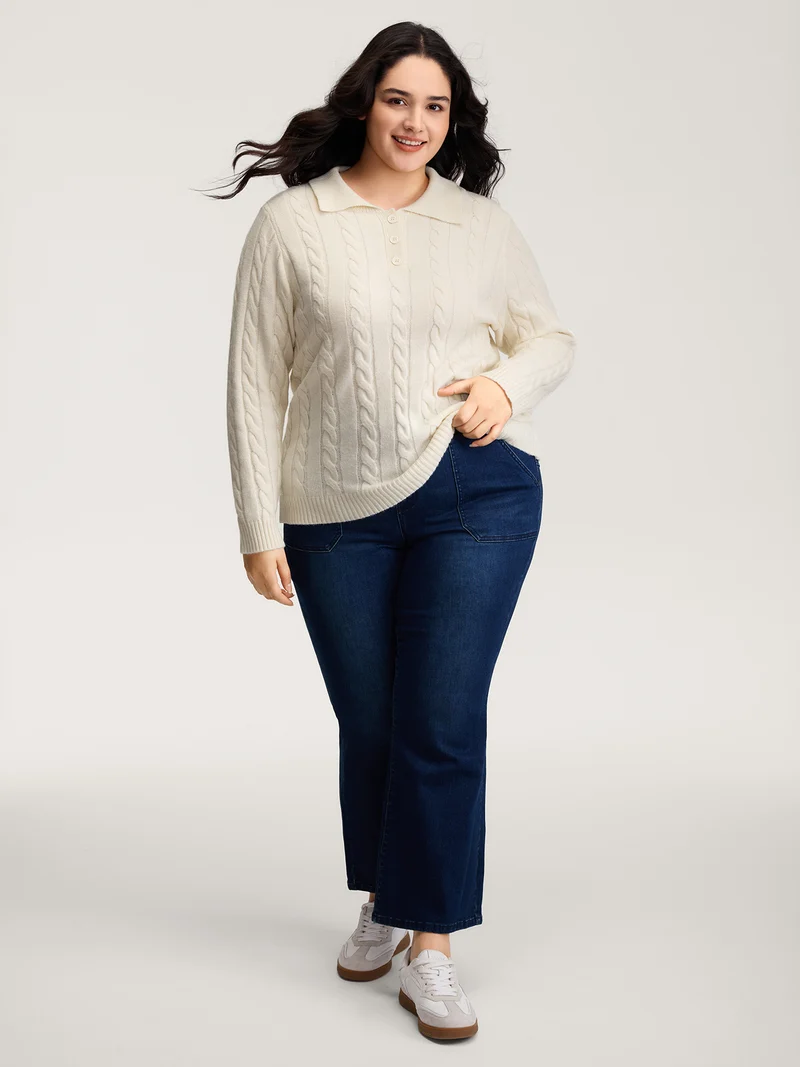 Supersoft Cable Knit Polo Collar Solid Pullover