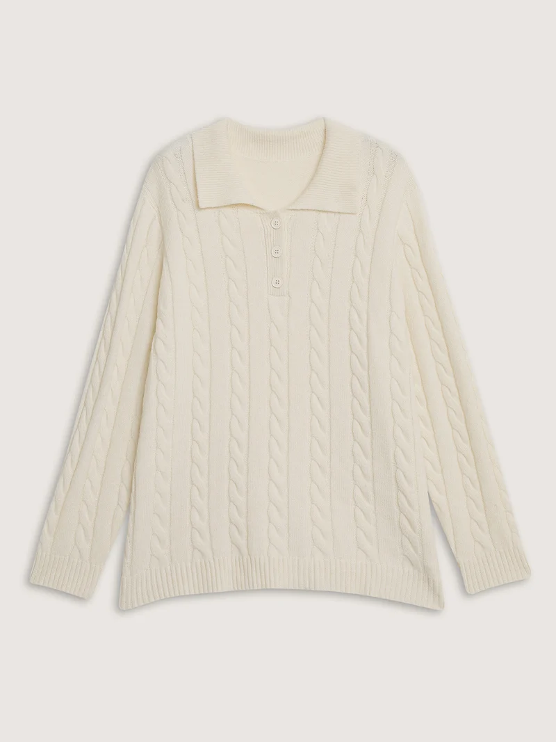 Supersoft Cable Knit Polo Collar Solid Pullover
