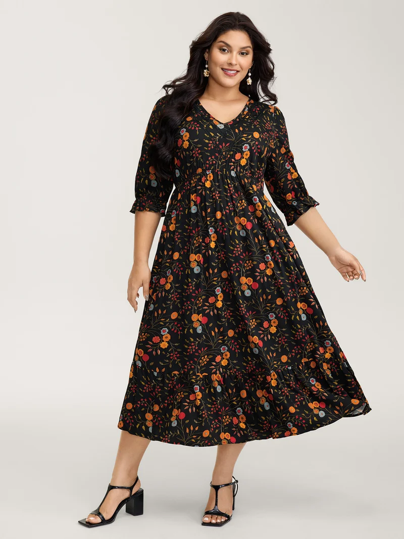 Floral Branch Print Lace Trim Maxi Dress