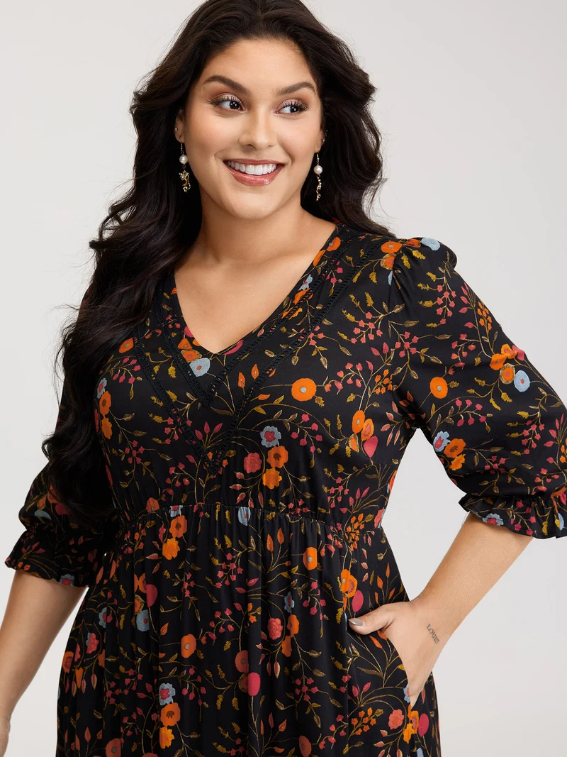Floral Branch Print Lace Trim Maxi Dress