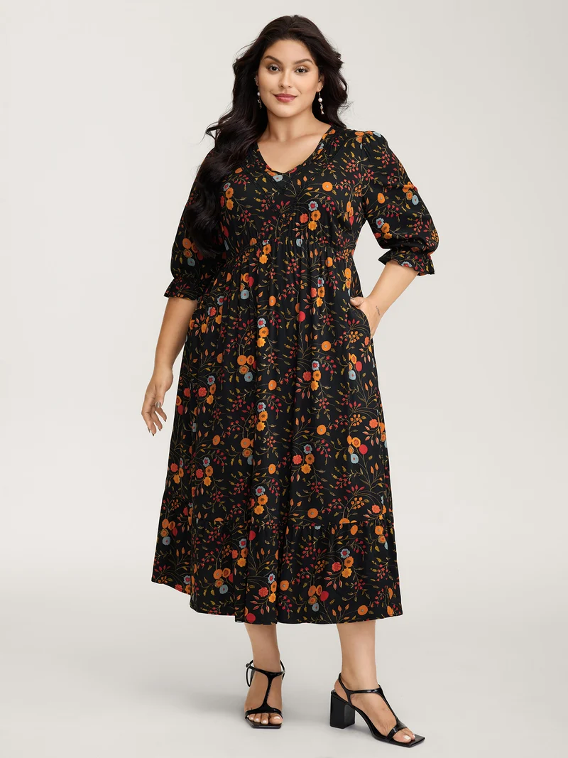 Floral Branch Print Lace Trim Maxi Dress