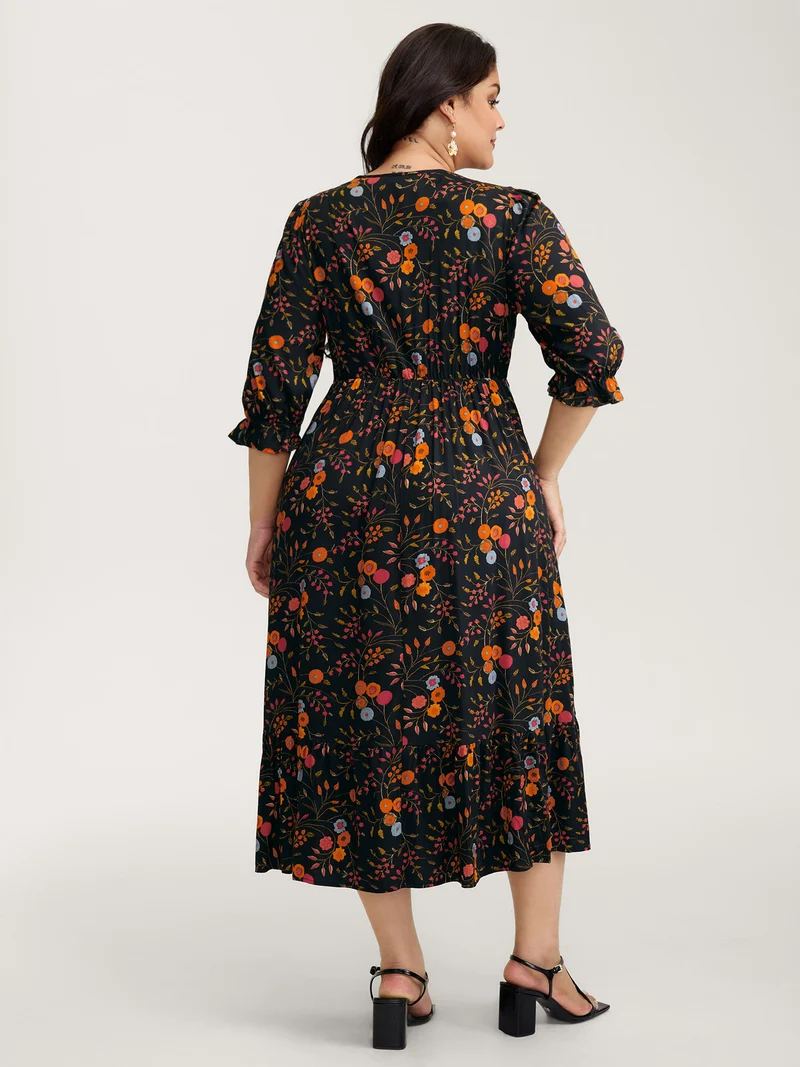 Floral Branch Print Lace Trim Maxi Dress
