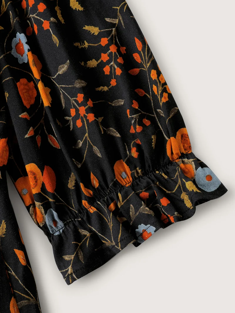 Floral Branch Print Lace Trim Maxi Dress