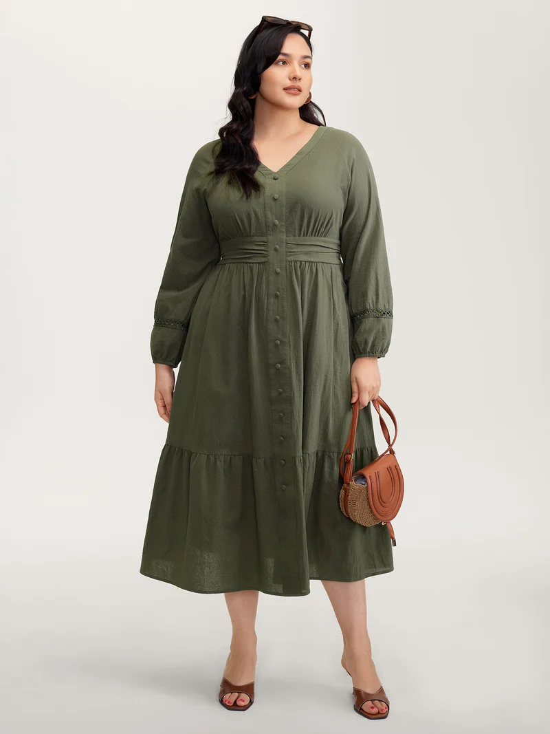 Cotton Pockets Shirred Waist Tiered Maxi Dress