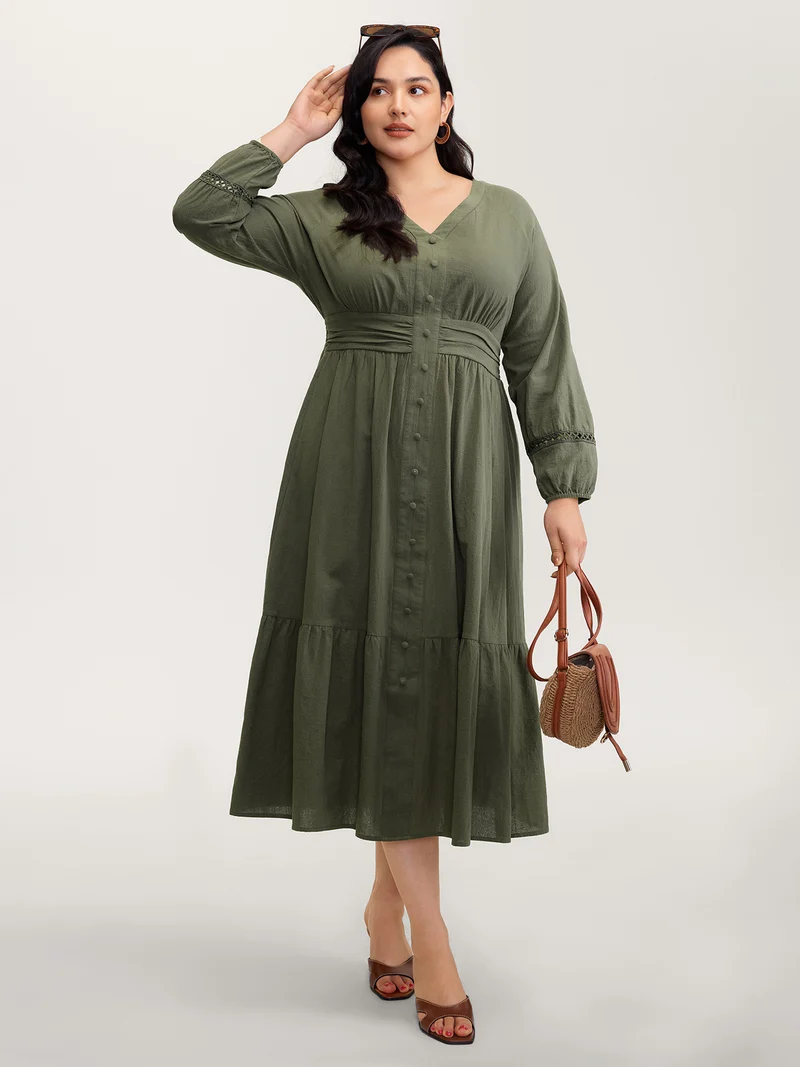 Cotton Pockets Shirred Waist Tiered Maxi Dress