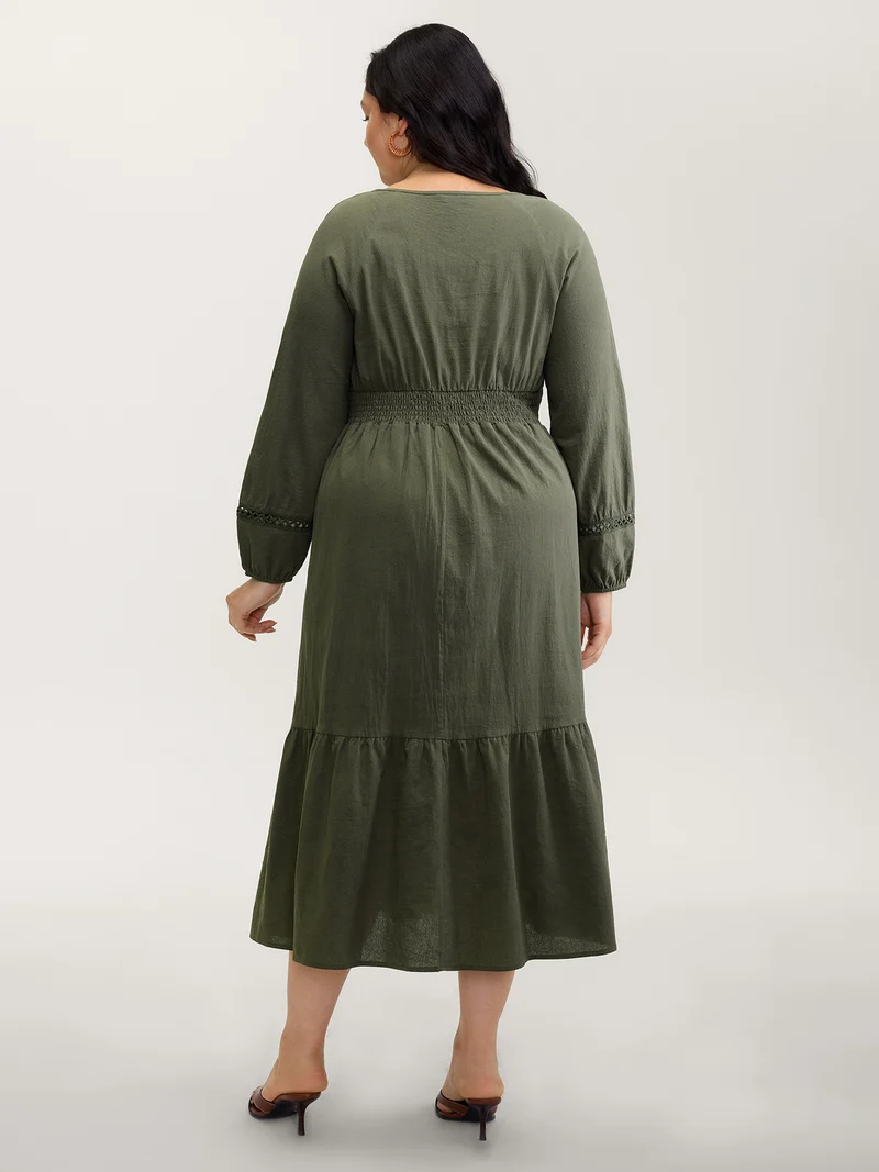 Cotton Pockets Shirred Waist Tiered Maxi Dress