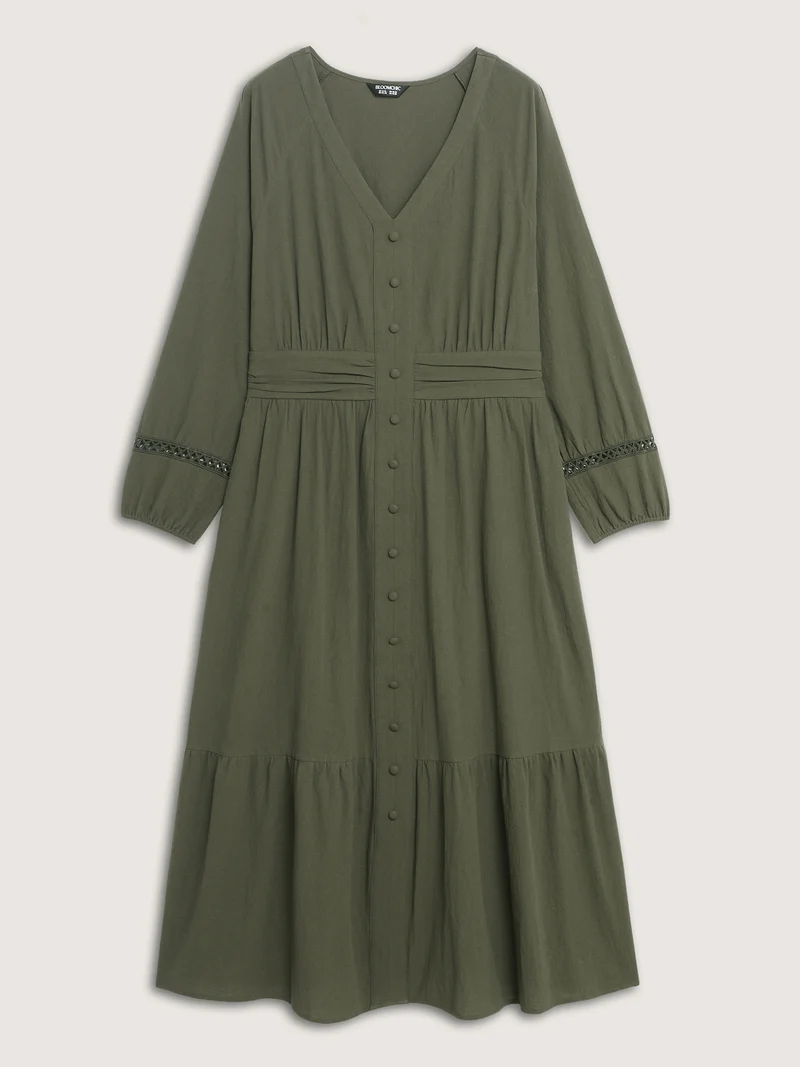 Cotton Pockets Shirred Waist Tiered Maxi Dress