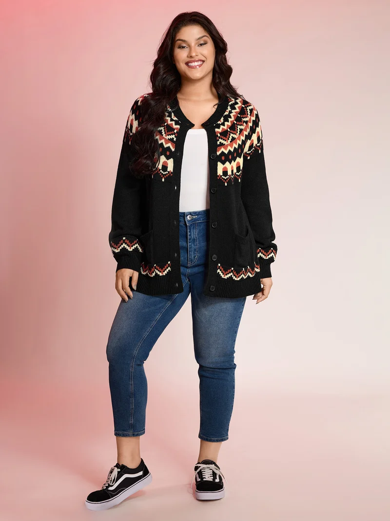 Fair Isle Halloween Print Pockets Knit Cardigan