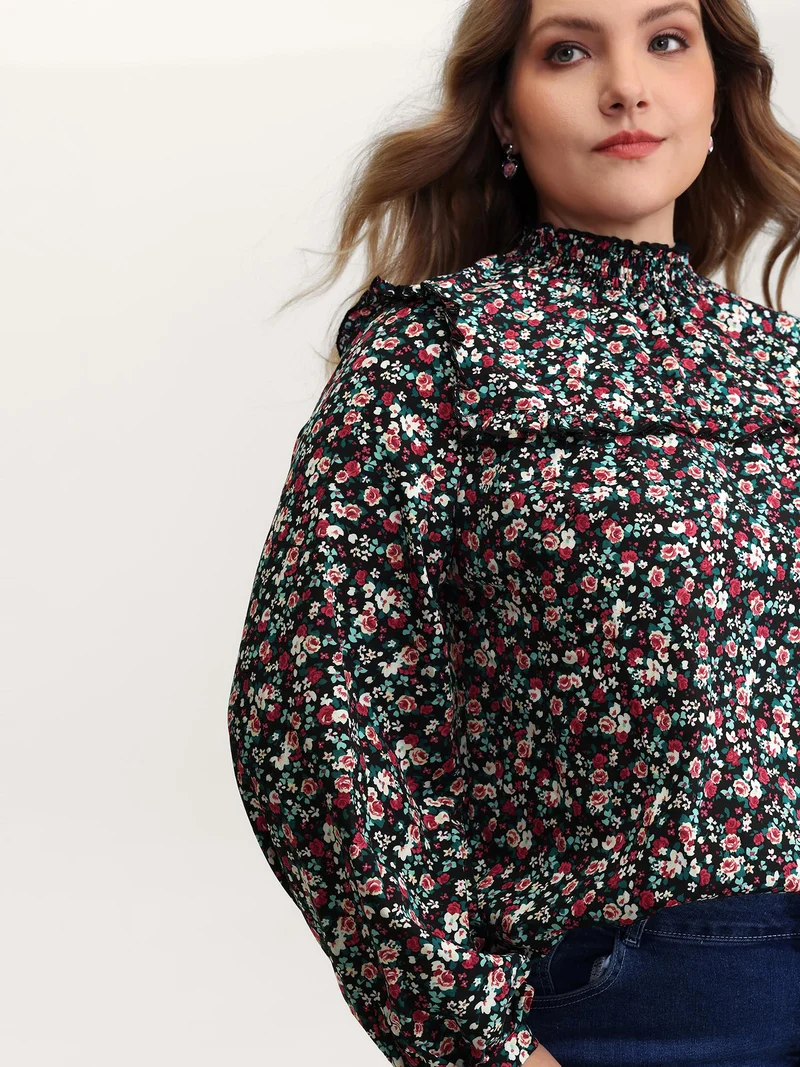 Floral Print Shirred Sleeve Tie Blouse