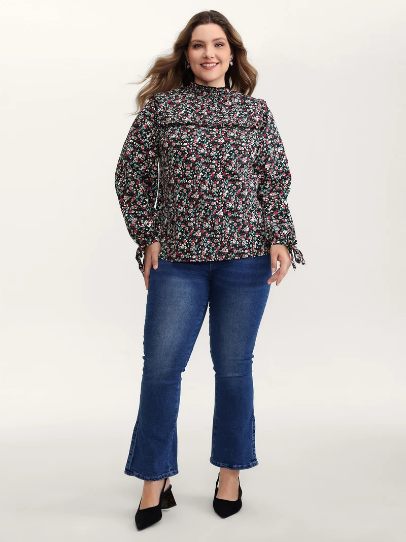 Floral Print Shirred Sleeve Tie Blouse