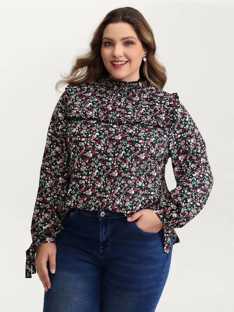 Floral Print Shirred Sleeve Tie Blouse