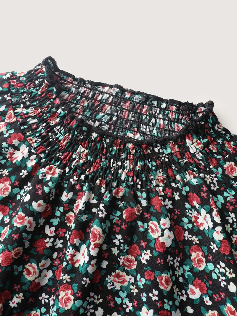 Floral Print Shirred Sleeve Tie Blouse