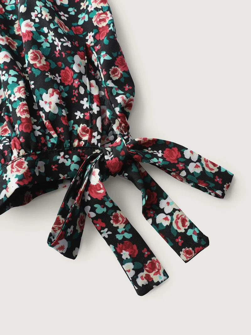 Floral Print Shirred Sleeve Tie Blouse