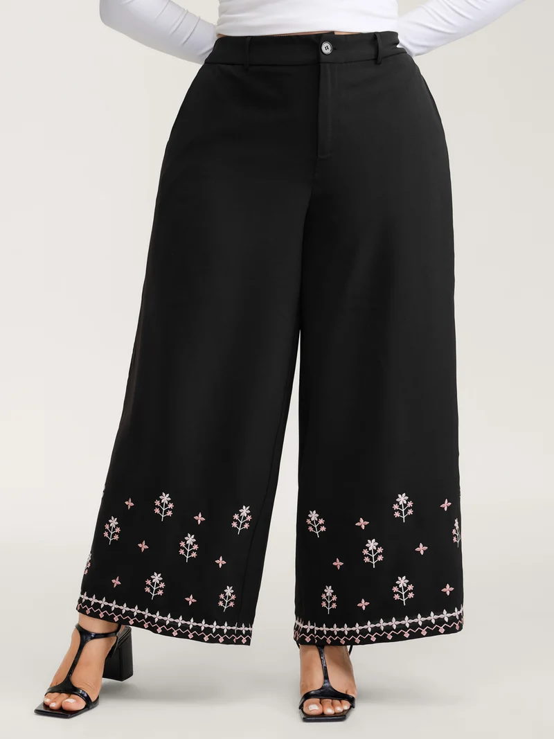 Floral Embroidered Hem Wide-Leg Pants