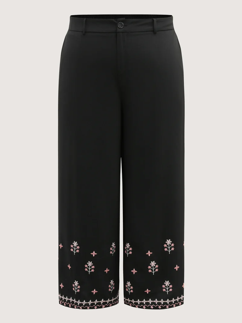Floral Embroidered Hem Wide-Leg Pants