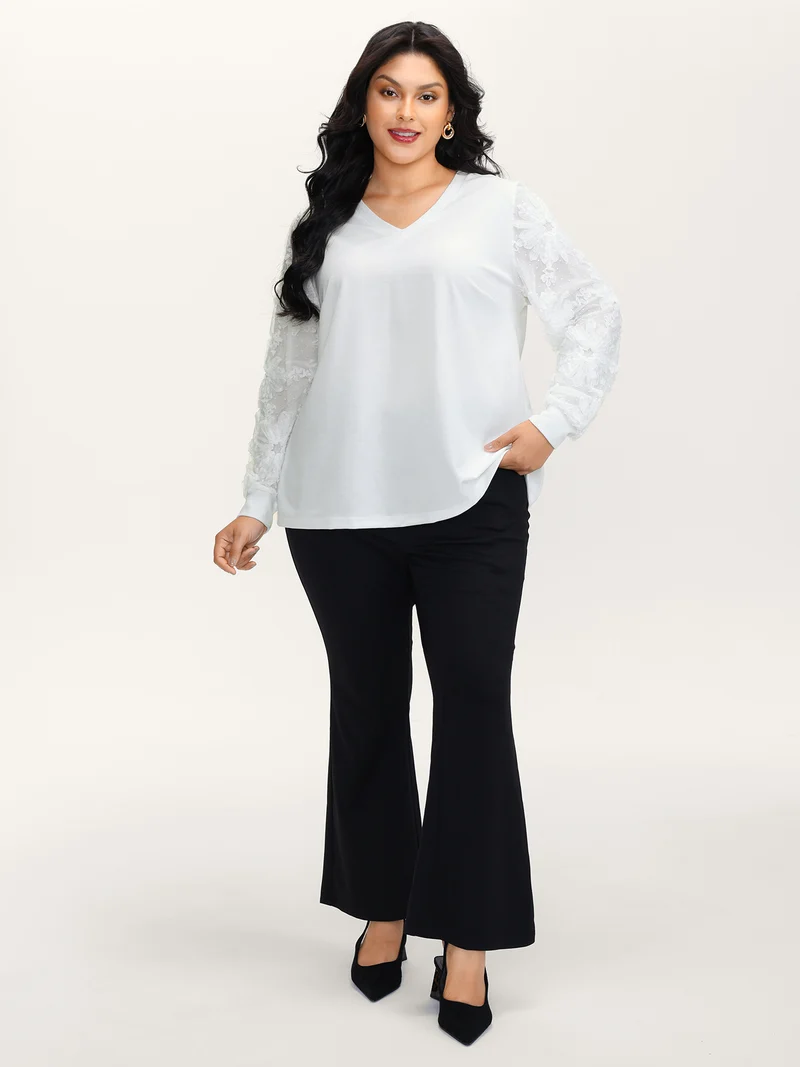 Textured Sheer Sleeve V-Neck T-Shirt