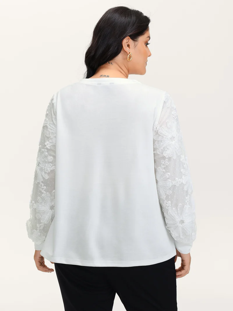 Textured Sheer Sleeve V-Neck T-Shirt