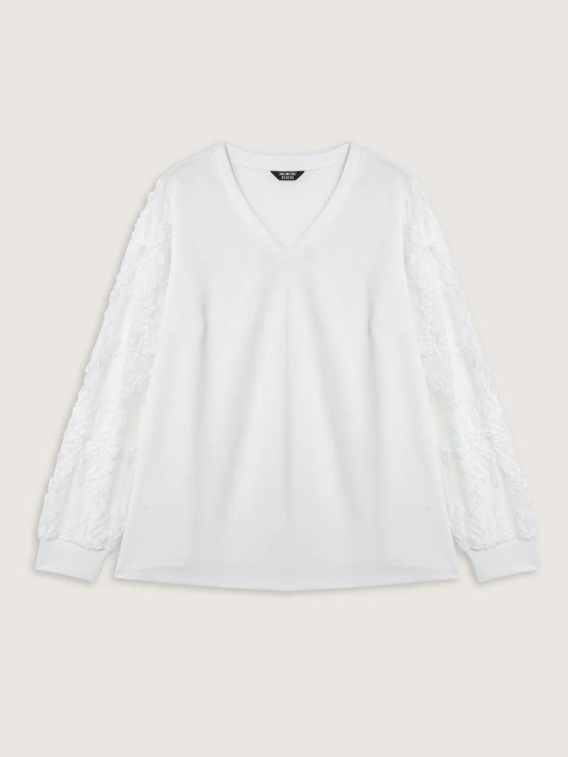 Textured Sheer Sleeve V-Neck T-Shirt
