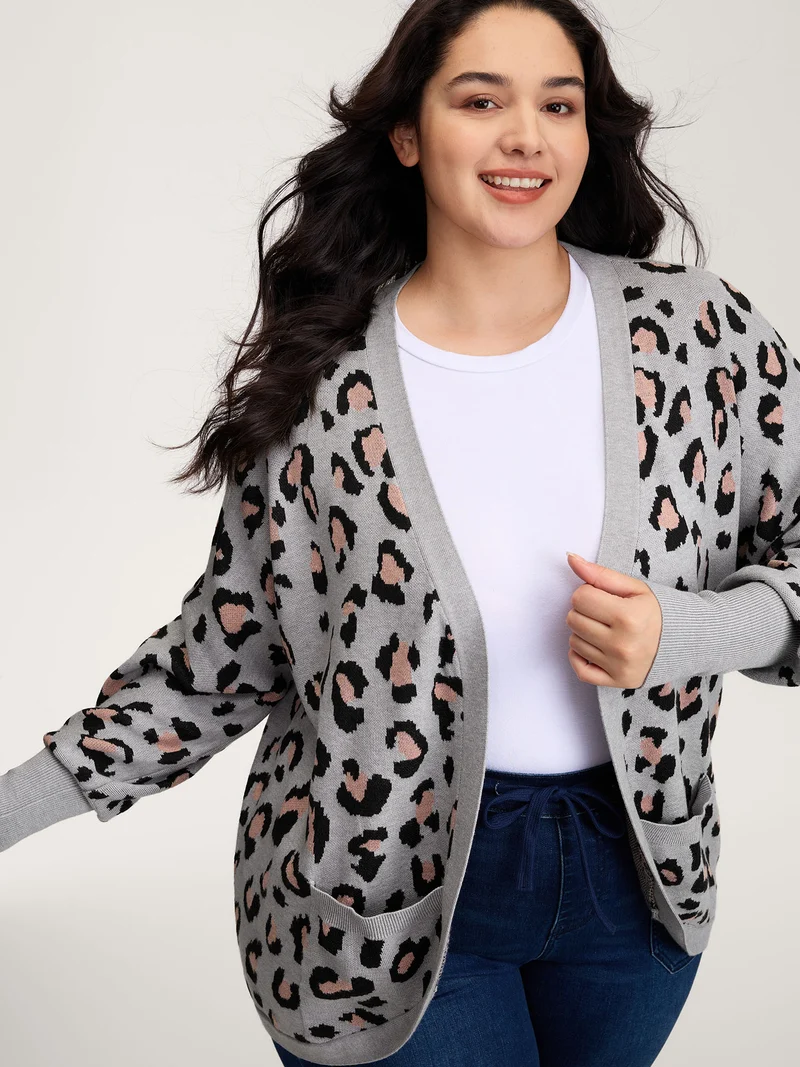 Leopard Print Arc Hem Pockets Knit Cardigan