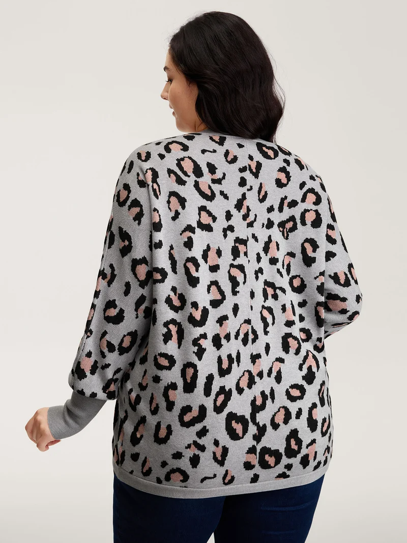 Leopard Print Arc Hem Pockets Knit Cardigan