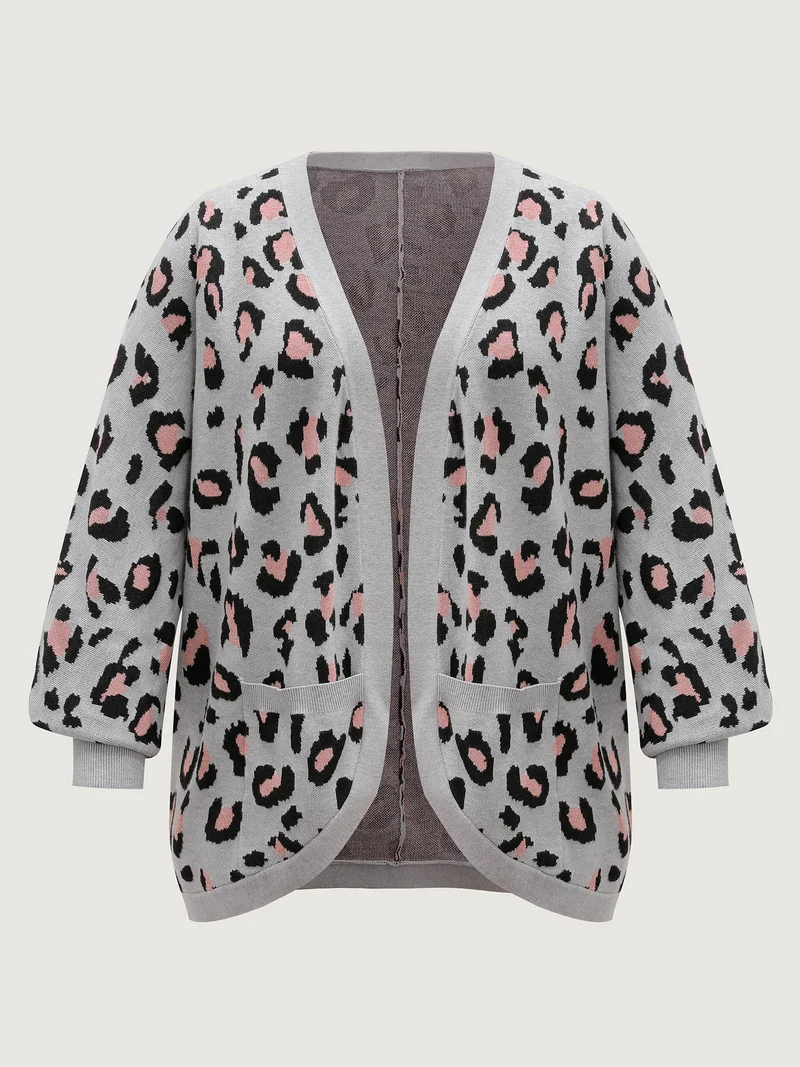 Leopard Print Arc Hem Pockets Knit Cardigan