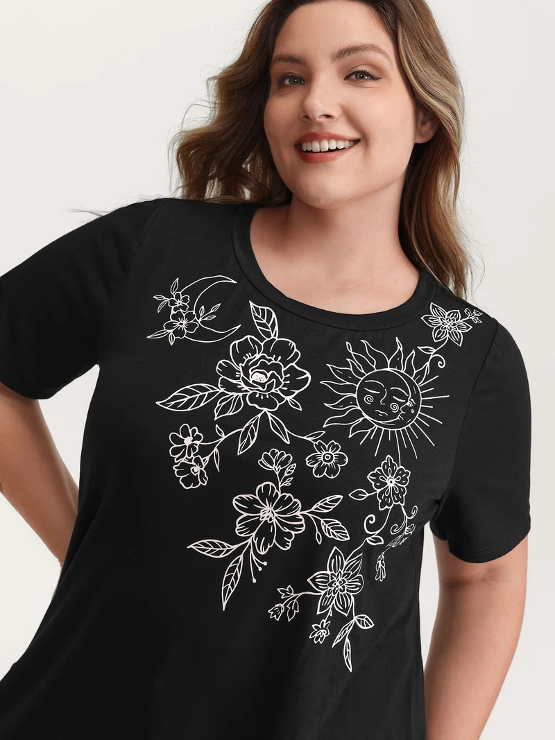 Floral Print Stretchy Round Neck T-Shirt
