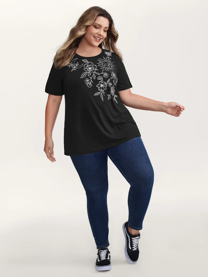 Floral Print Stretchy Round Neck T-Shirt