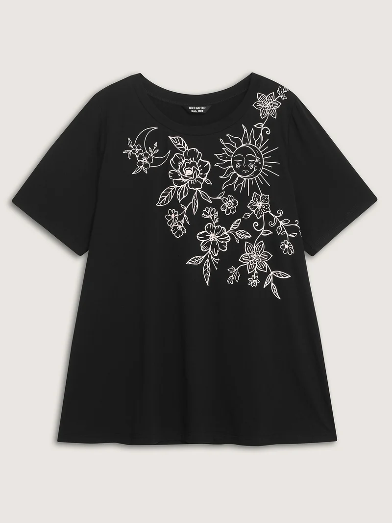 Floral Print Stretchy Round Neck T-Shirt