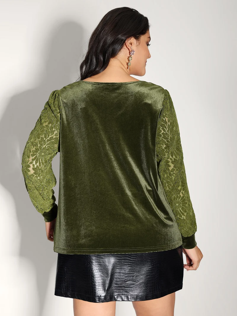 Velvet Stretchy Spliced V-Neck Blouse