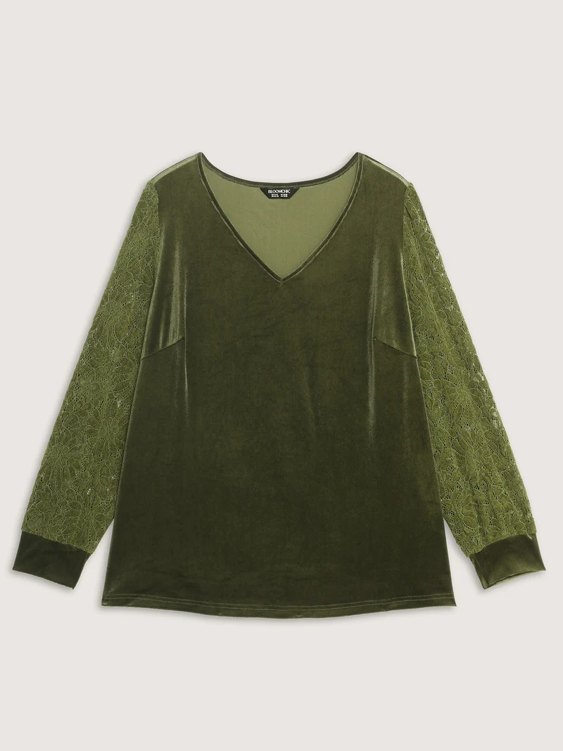 Velvet Stretchy Spliced V-Neck Blouse