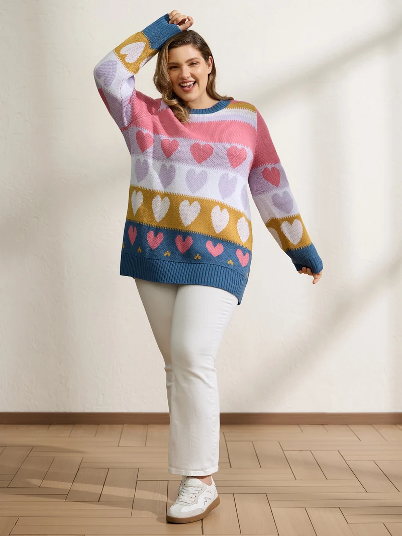 Colorful Hearts Jacquard Pattern Pullover
