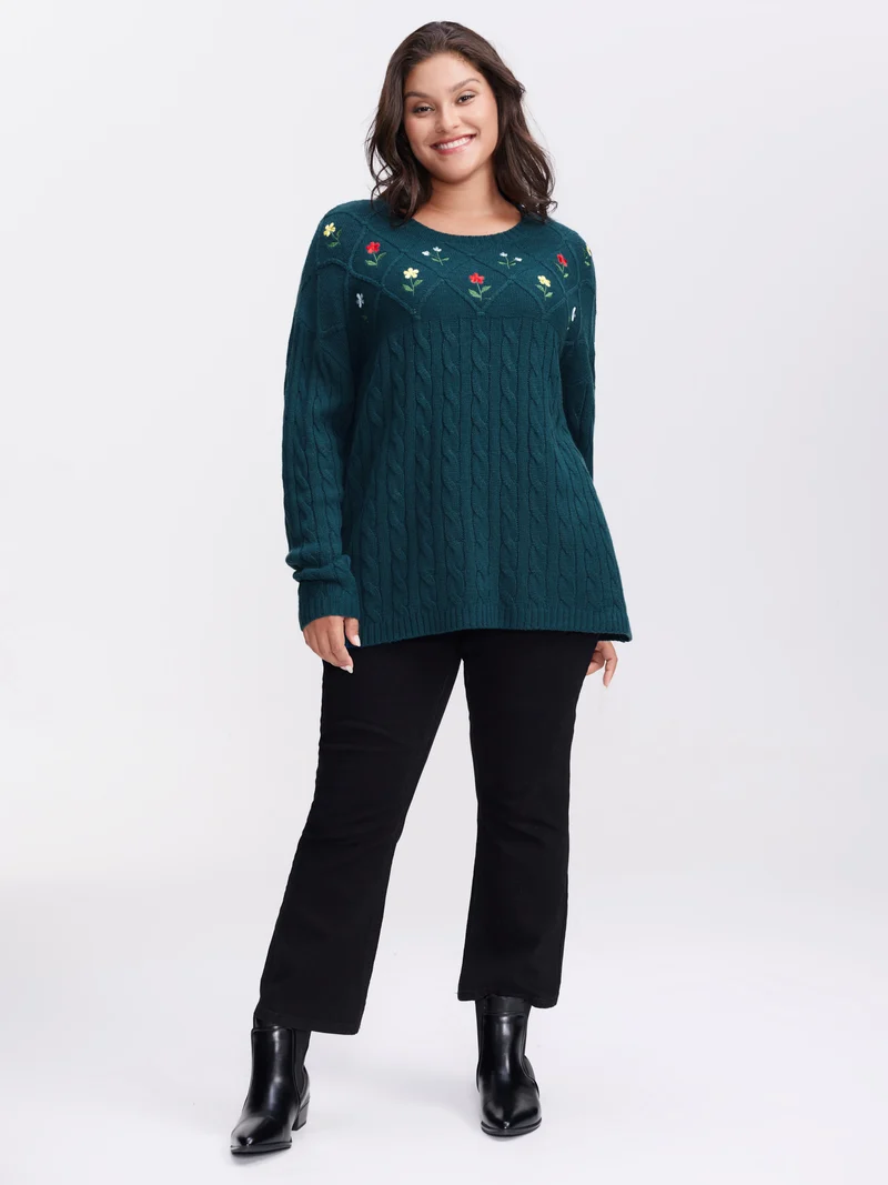 Floral Embroidered Cable Knit Pullover