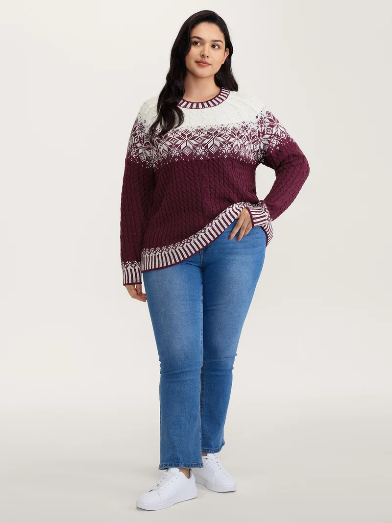 Cozy Textured Contrast Ribbed Hem Pullover