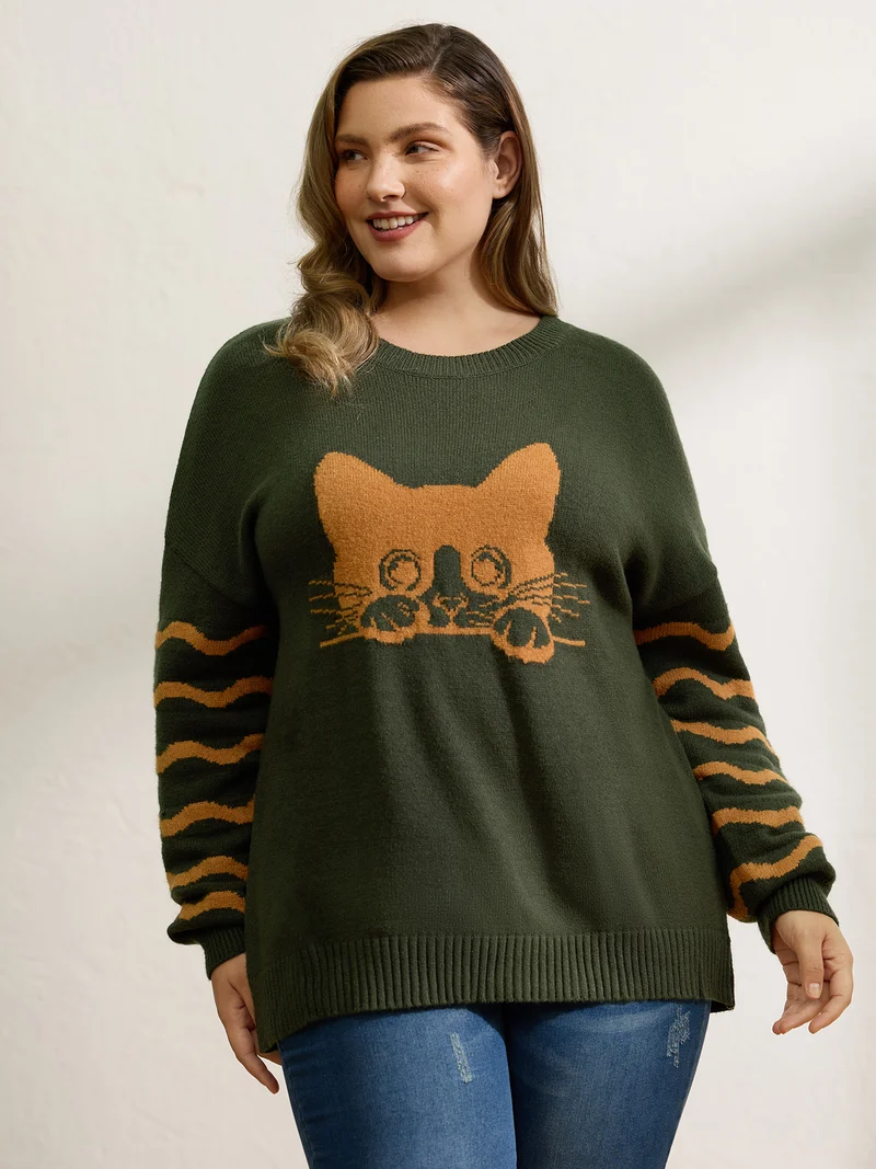 Cat Wavy Print Jacquard Contrast Pullover