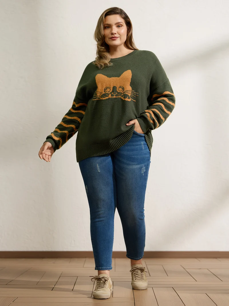 Cat Wavy Print Jacquard Contrast Pullover