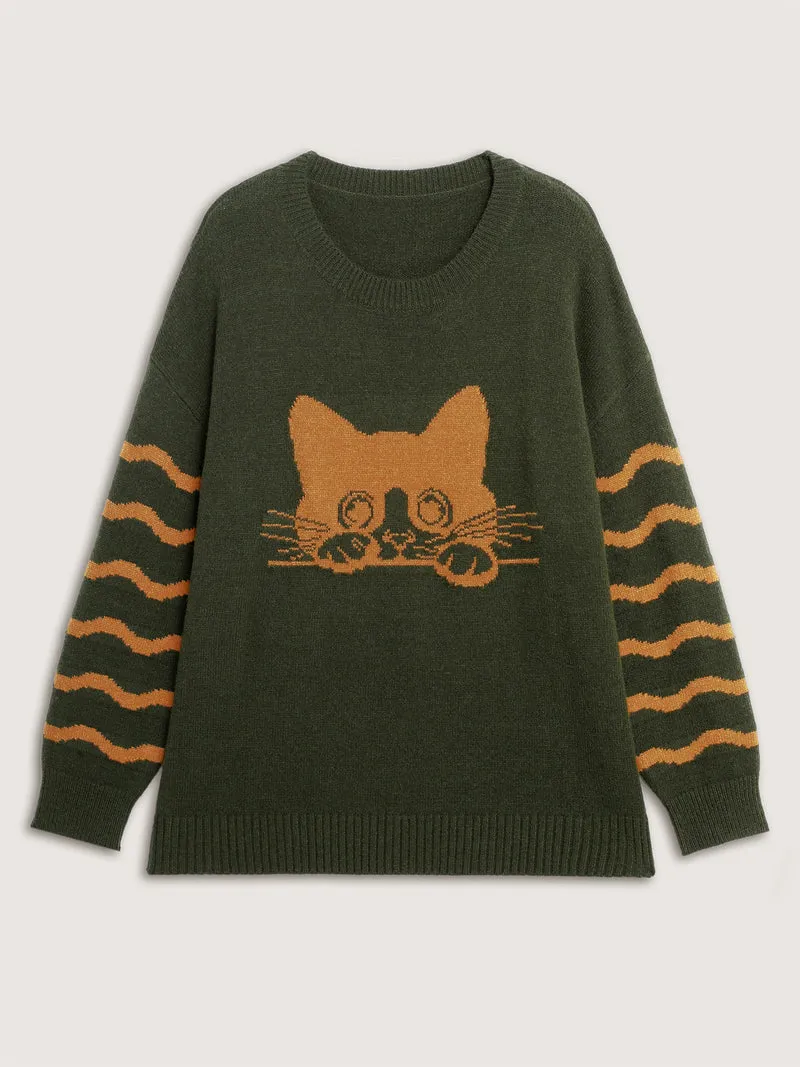 Cat Wavy Print Jacquard Contrast Pullover