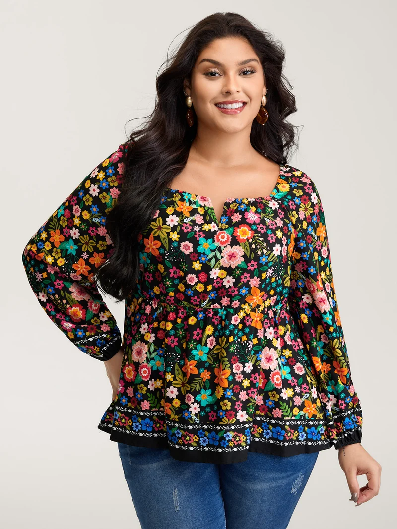 Colorful Floral Print Cinched-Flared Blouse