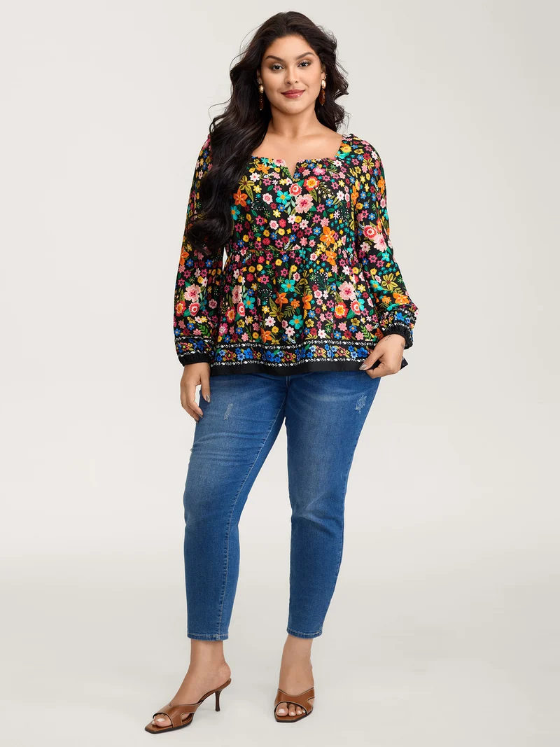 Colorful Floral Print Cinched-Flared Blouse