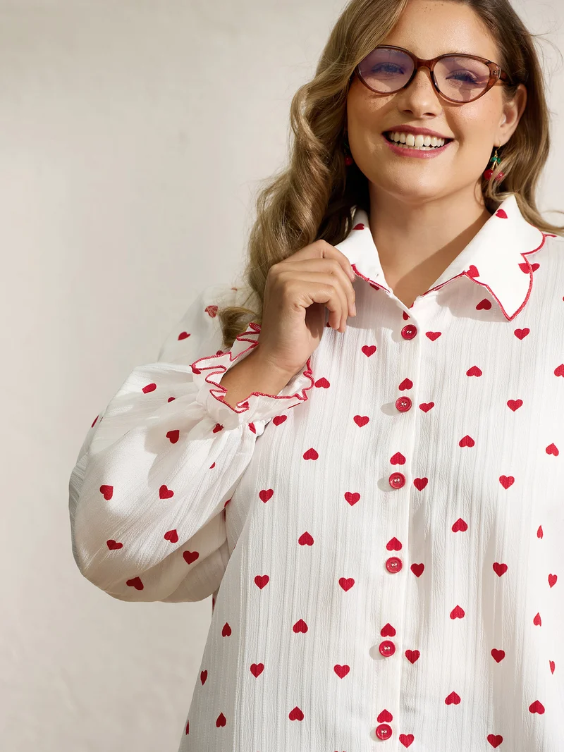 Textured Heart Embroidered Collar Blouse