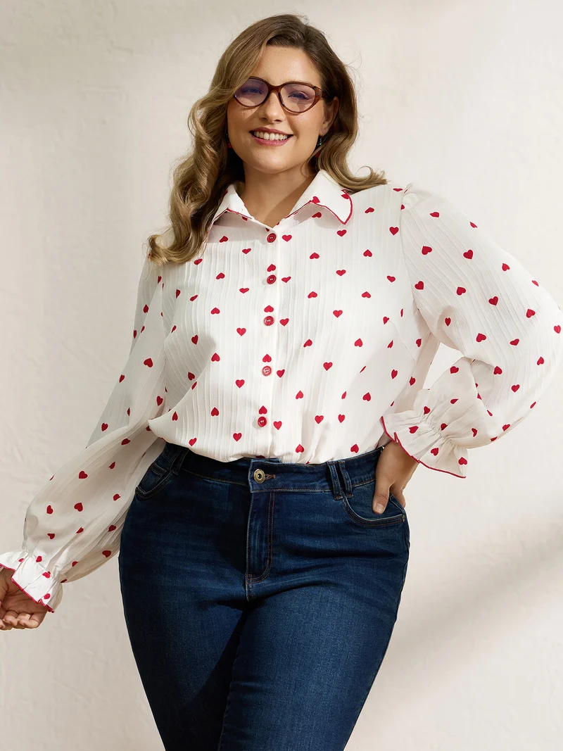 Textured Heart Embroidered Collar Blouse