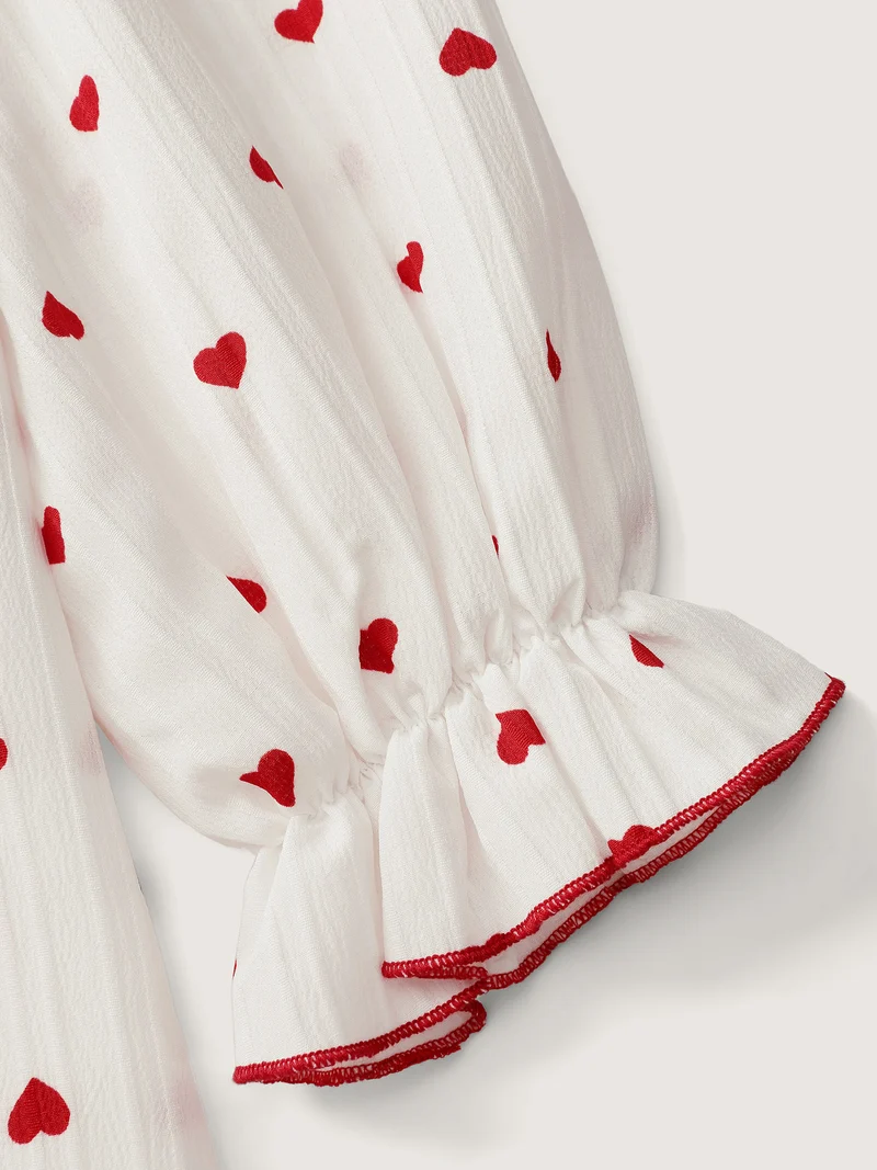 Textured Heart Embroidered Collar Blouse