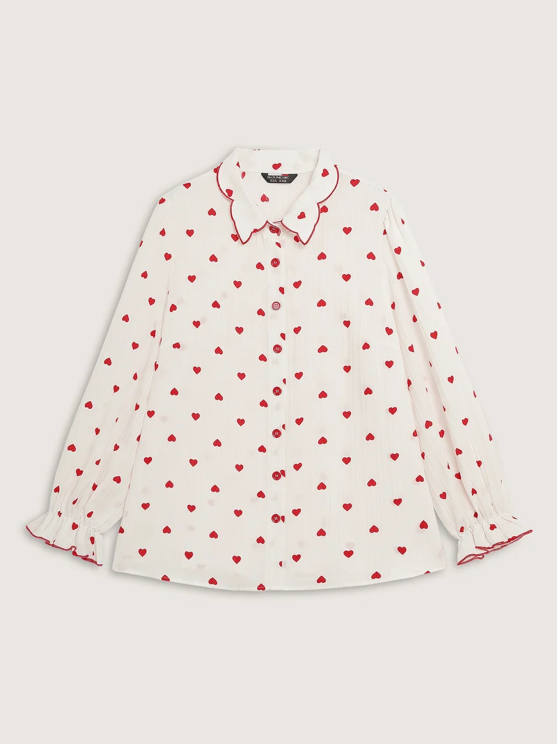 Textured Heart Embroidered Collar Blouse