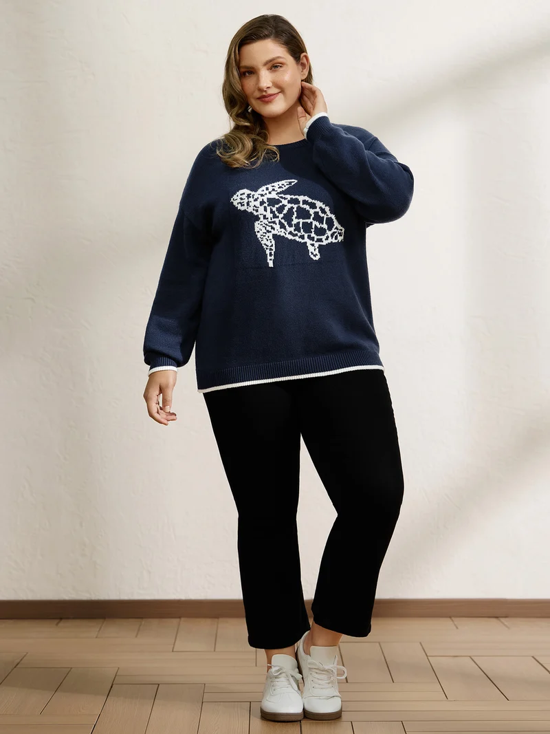 Supersoft Turtle Motif Slit Contrast Edge Pullover