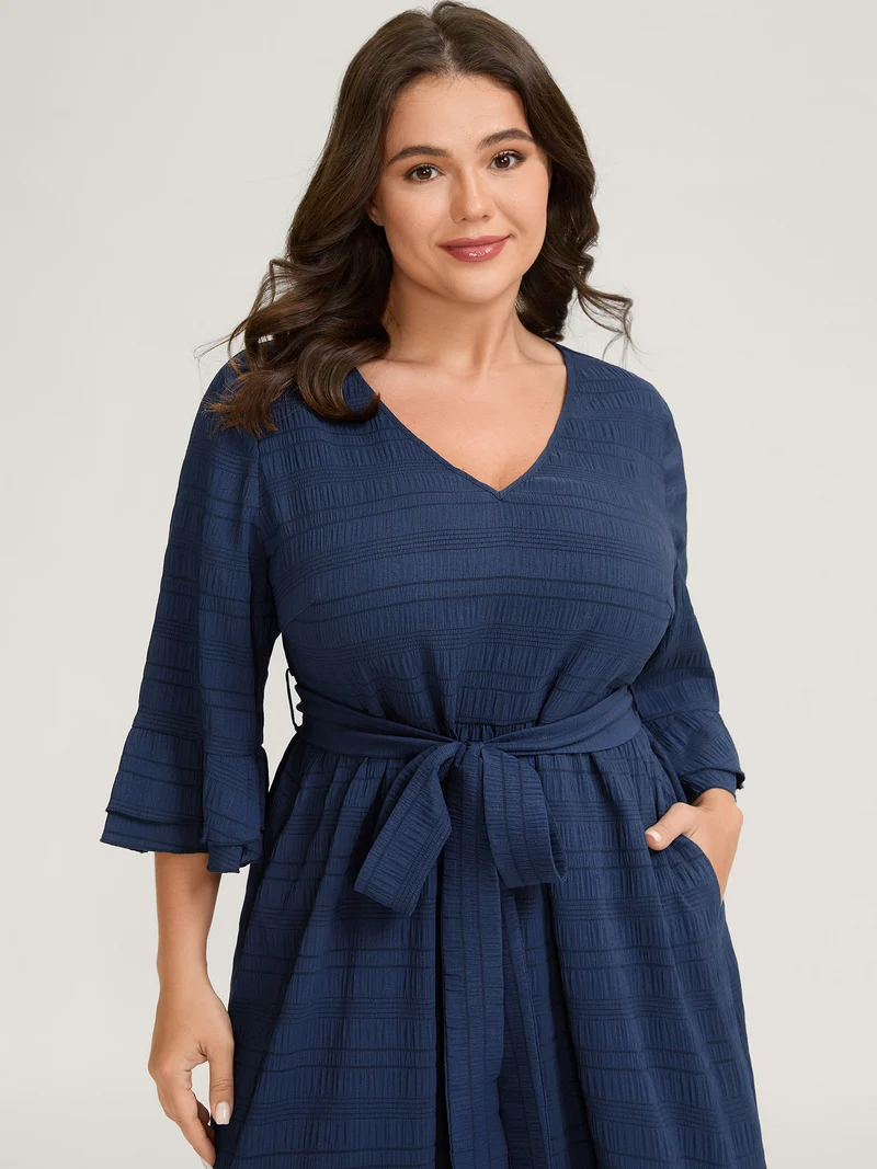 Textured Layered Ruffled Sleeve Belted Midi Dress