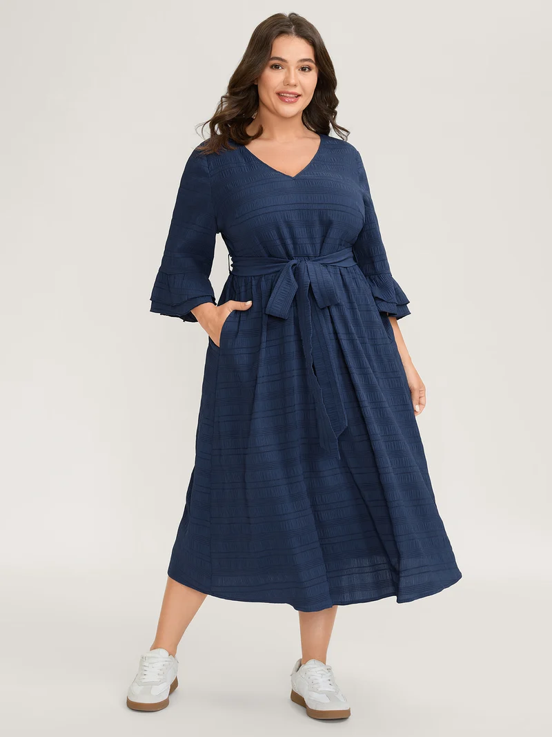 Textured Layered Ruffled Sleeve Belted Midi Dress