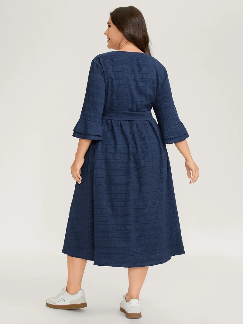 Textured Layered Ruffled Sleeve Belted Midi Dress